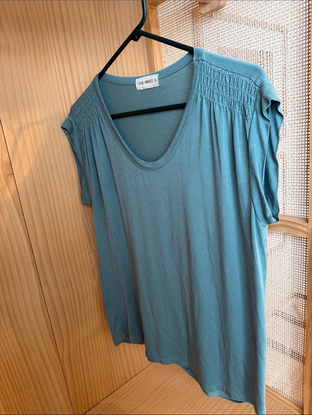 The Nines Teal V-Neck Short Sleeve Smocked Shoulder Top